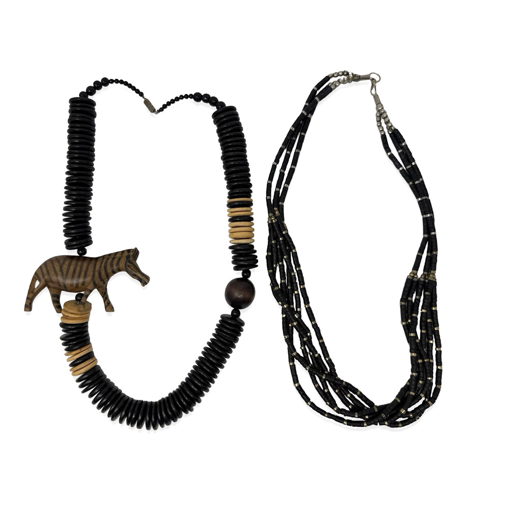 Lot of 2 African Tribal Style Beaded Necklaces Wood Zebra Black Wooden Beads